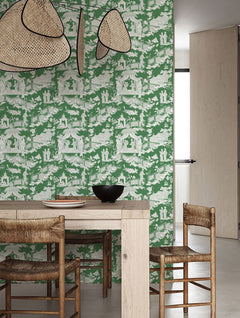 Papel mural Mulan Verde en un ambiente decorado: chinoiserie de pagodas en blanco sobre verde.