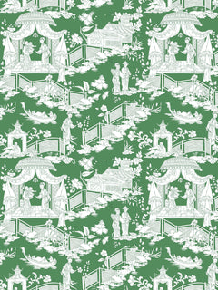 Papel mural Mulan Verde, detalle del diseño: chinoiserie de pagodas en blanco sobre verde.