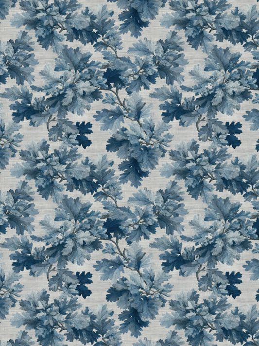 Papel mural Oak Blue, detalle del diseño: hojas de roble en azules con trazo de acuarela.