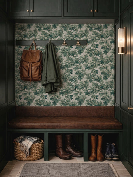 Papel mural Oak Green en un ambiente decorado: hojas de roble en verdes con trazo de acuarela.