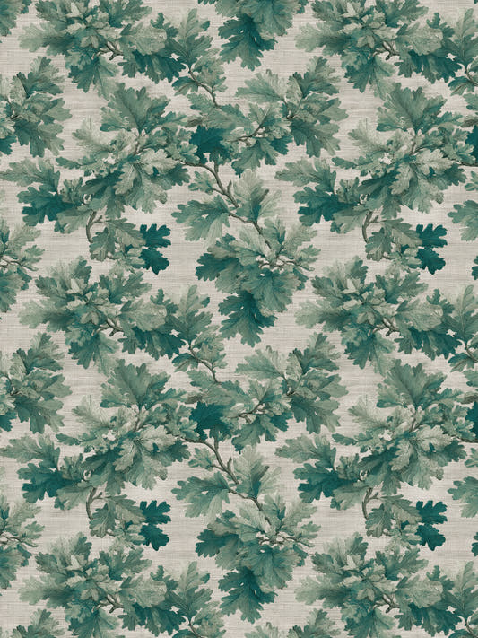 Papel mural Oak Green, detalle del diseño: hojas de roble en verdes con trazo de acuarela.