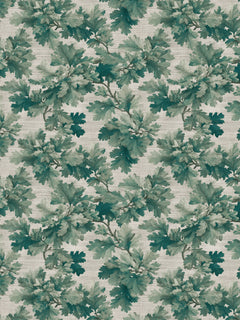 Papel mural Oak Green, detalle del diseño: hojas de roble en verdes con trazo de acuarela.