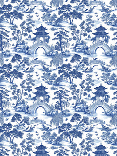 Papel mural Oriental Garden, detalle del diseño: jardín oriental con pagodas en azul cobalto.