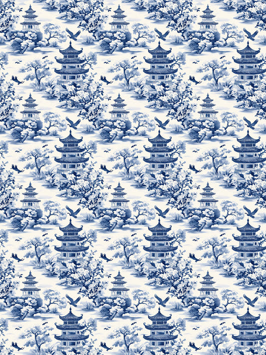 Papel mural Pagoda, detalle del diseño: pagodas y paisajes orientales en azul cobalto.