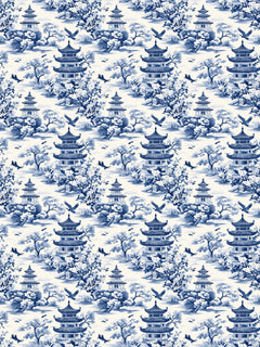 Papel mural Pagoda, detalle del diseño: pagodas y paisajes orientales en azul cobalto.