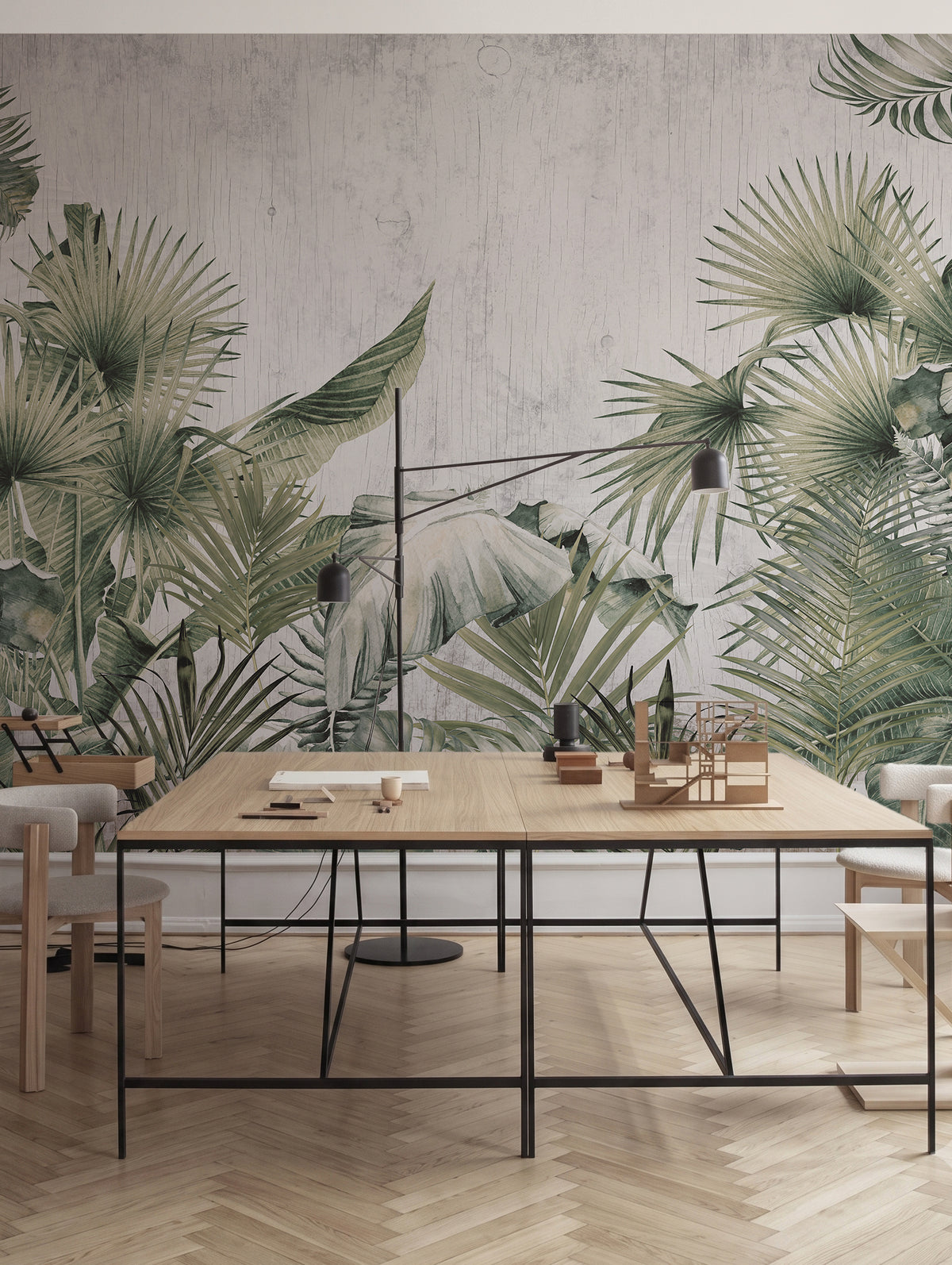 Papel mural Papadakis, envolvente diseño de hojas tropicales grandes en verde sobre fondo gris claro. Ideal para baños y cocinas.