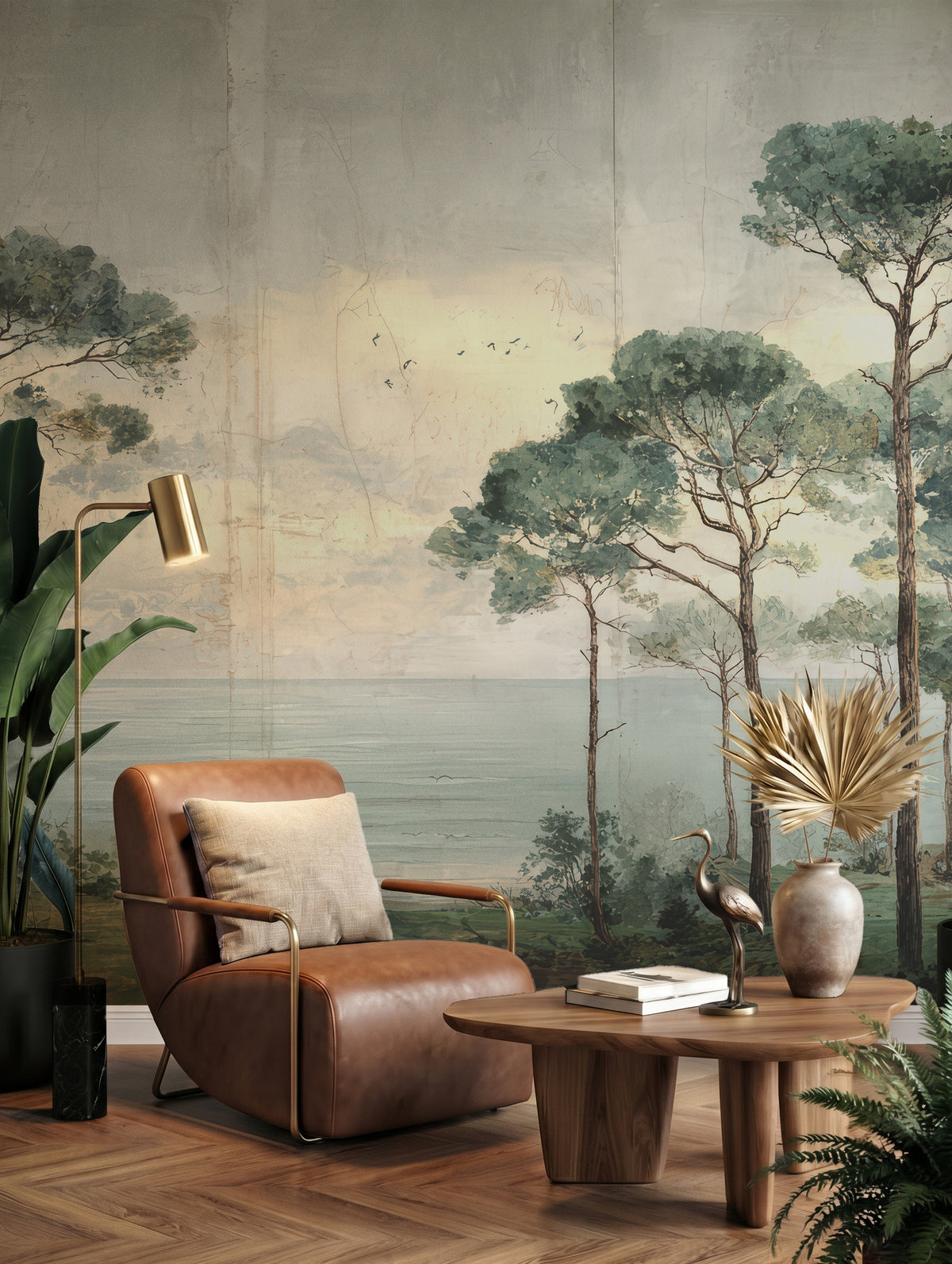 Papel mural Papiro en un ambiente decorado: pinos junto a un lago al atardecer.