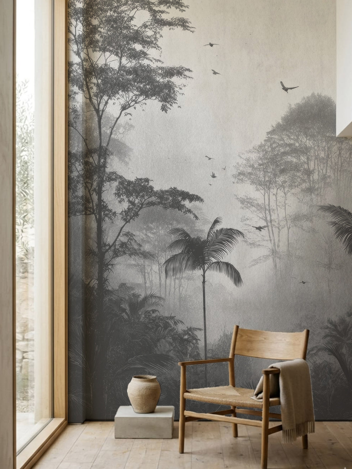 Papel mural Pasadena B&W, envolvente mural de palmeras y selva entre niebla en blanco y negro.