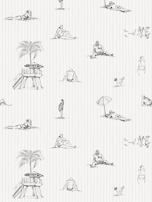 Papel mural Playa, detalle del diseño: bañistas, palmeras y quitasoles a línea sobre blanco con rayas finas.