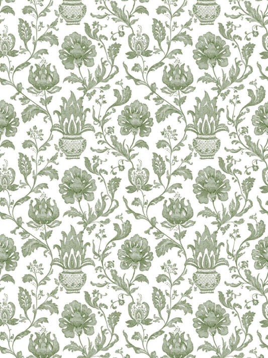 Papel mural Pottery Green, detalle del diseño: flores, maceteros y ramas enlazadas en verde salvia sobre blanco.