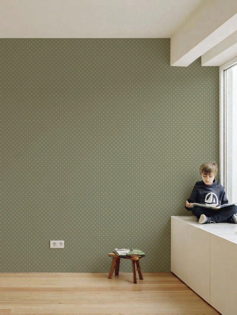 Papel mural Racimo Verde en un ambiente decorado: pequeño motivo blanco sobre verde salvia con textura.