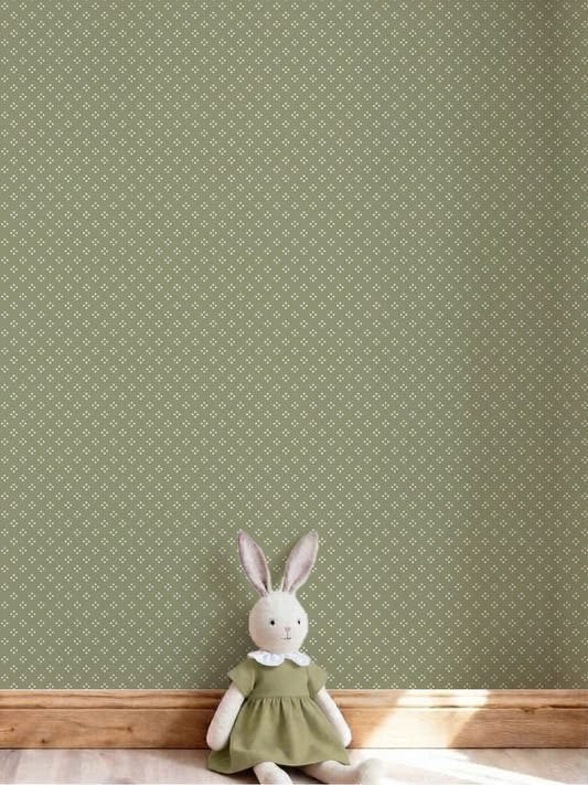 Papel mural Racimo Verde Liso en un ambiente decorado: pequeño motivo blanco sobre verde salvia liso.