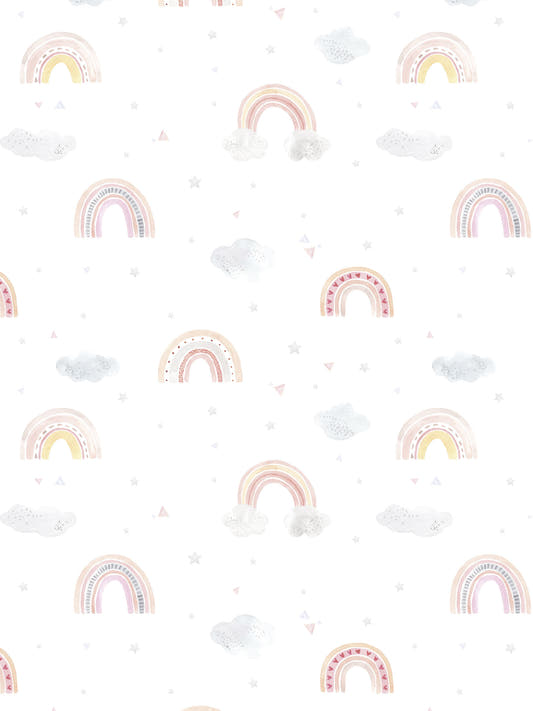 Papel mural Rainbow, detalle del diseño: arcoíris rosados con nubes, soles y estrellas sobre fondo blanco.