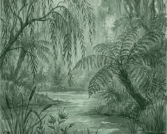 Papel mural Rainforest, detalle del diseño: selva de helechos y sauces en verdes profundos.
