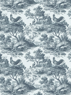 Papel mural Rooster Petróleo, detalle del diseño: toile de gallos y árboles en azul petróleo.