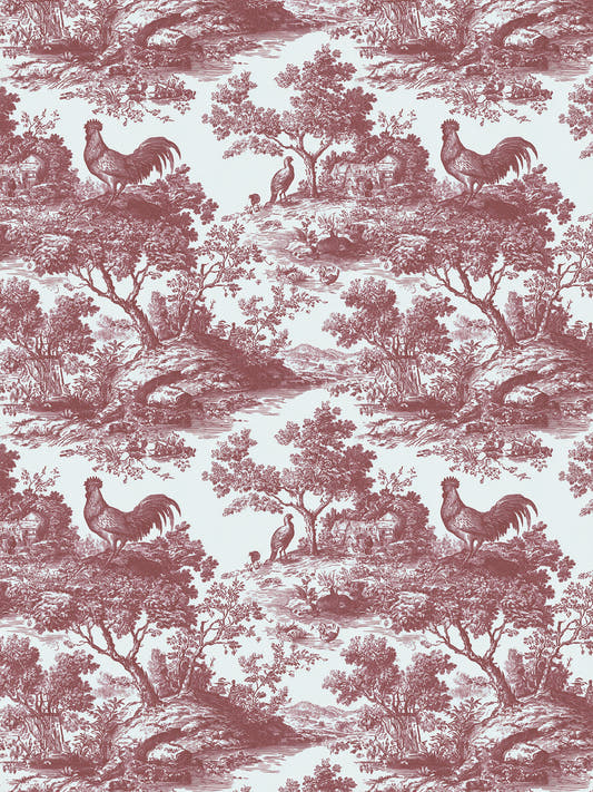 Papel mural Rooster Red, detalle del diseño: toile de gallos y árboles en rojo granate.