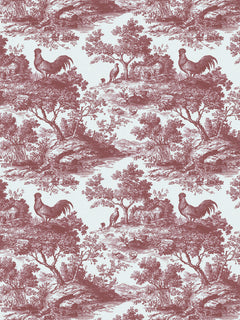 Papel mural Rooster Red, detalle del diseño: toile de gallos y árboles en rojo granate.