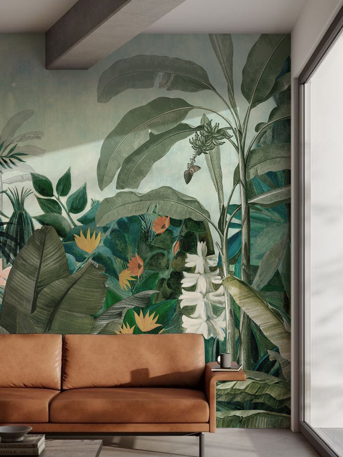 Papel mural Selva, envolvente diseño de paisaje selvático de palmeras y follaje verde sobre celeste.