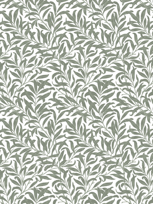 Papel mural Sigfrid Olive, detalle del diseño: hojas de sauce enlazadas en verde salvia sobre blanco.