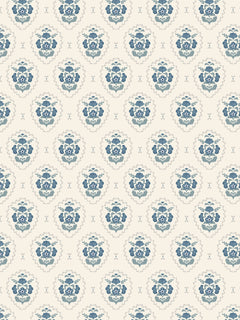 Papel mural Simona Azul, detalle del diseño: medallones florales en azul acero.