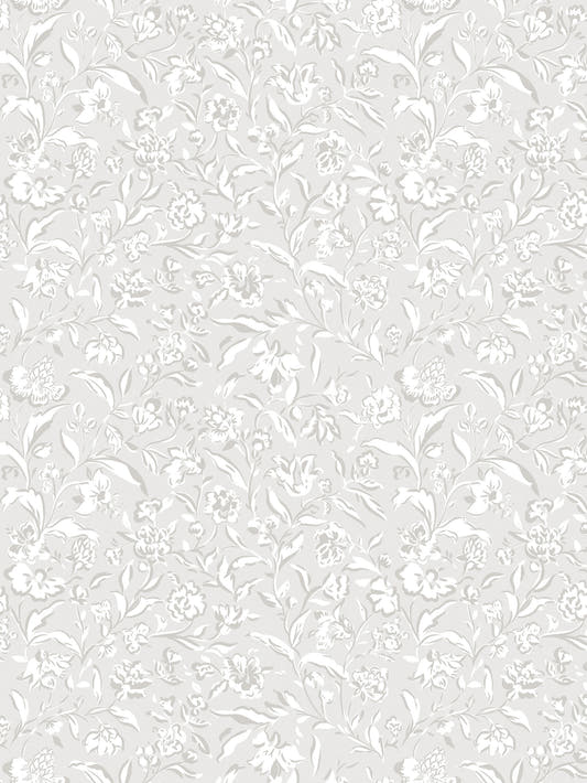Papel mural Sketchy Florals, detalle del diseño: flores y hojas trazadas en blanco sobre gris muy claro.