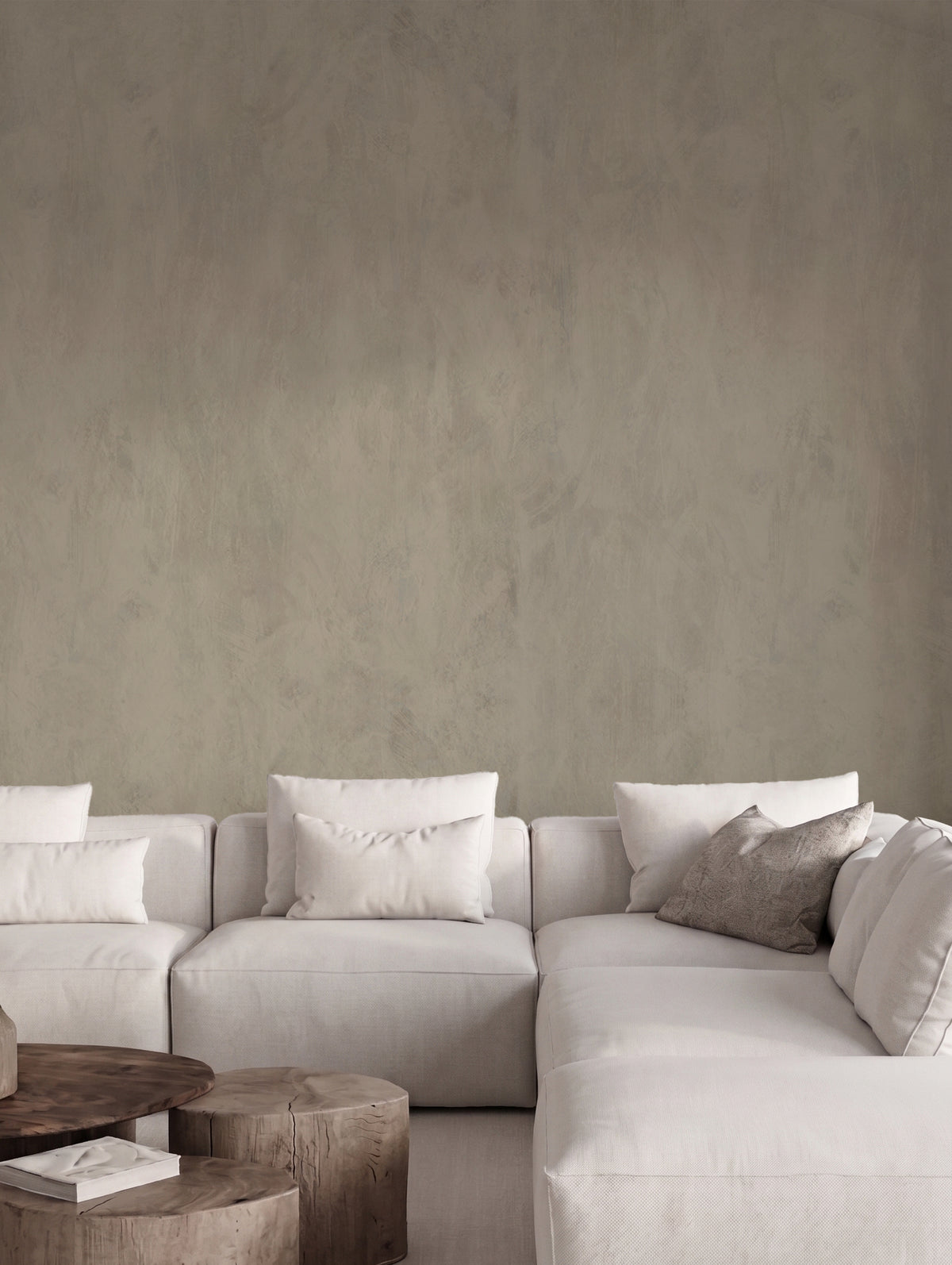 Papel mural Subtle Texture Tierra, minimalista diseño de textura lisa tipo estuco en gris tostado o greige. Ideal para baños y cocinas.