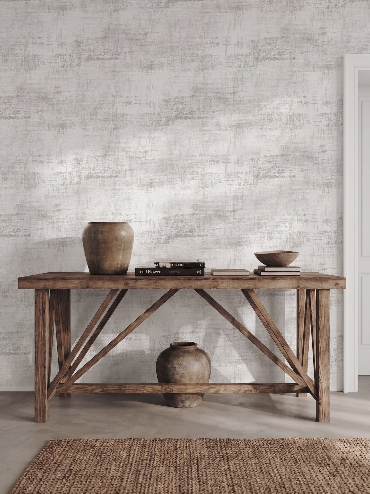 Papel mural Textura Madera Claro, minimalista diseño de textura rayada y desgastada en blanco con vetas gris claro. Ideal para baños y cocinas.