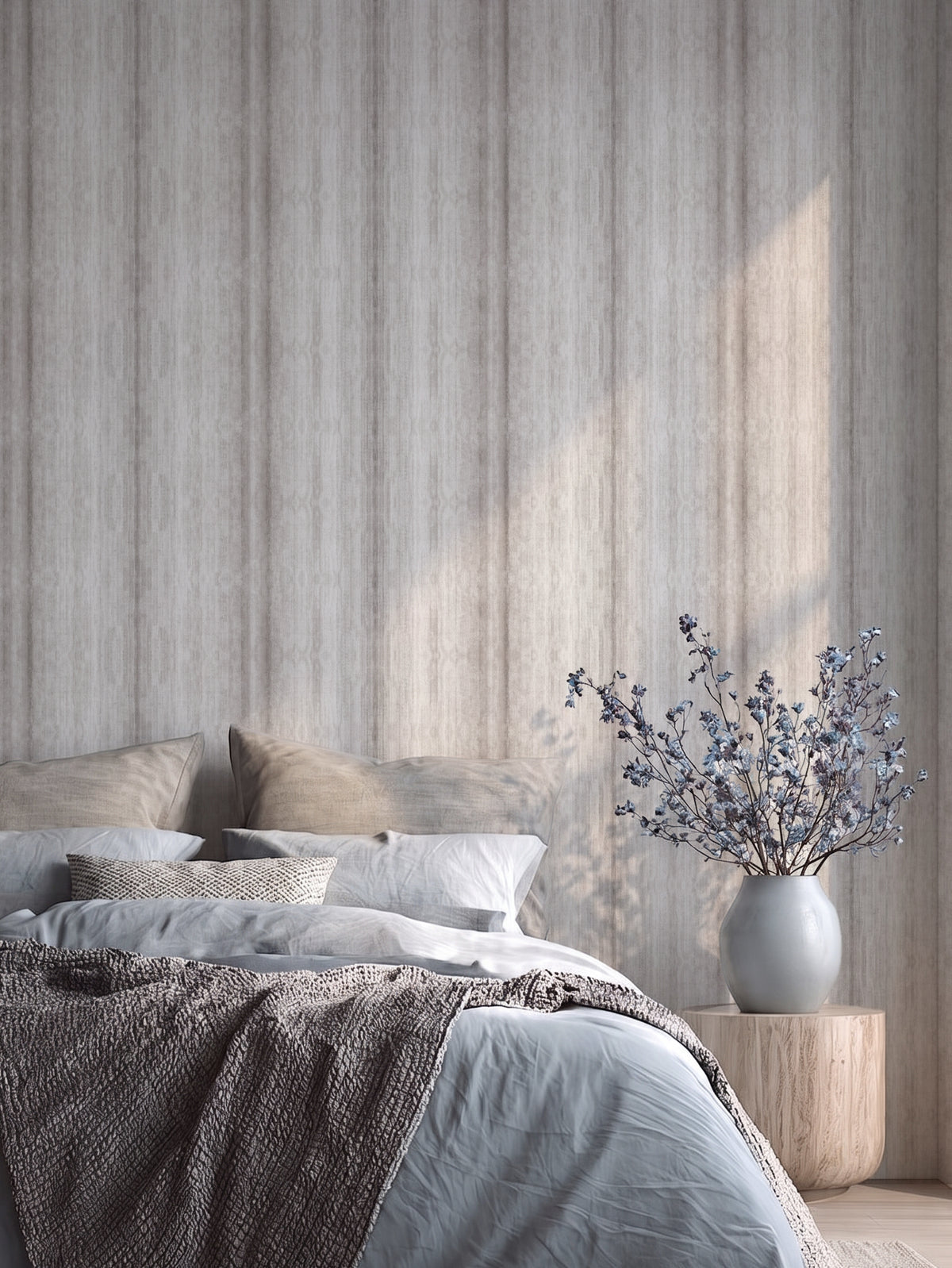 Papel mural Texture Lines, difuminado diseño de rayas verticales difuminadas en gris y beige con aspecto de tela desteñida.