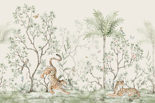 Papel mural Tigres en el Jardín, detalle del diseño: jardín con palmeras y tigres.