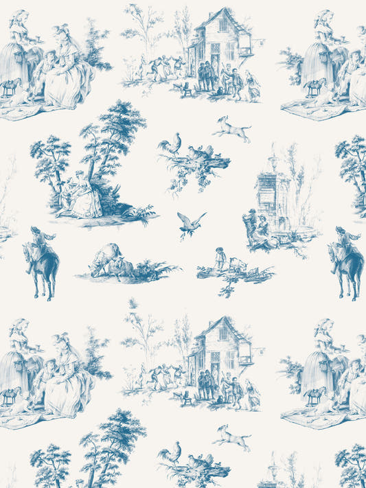 Papel mural Highland Park Azul, detalle del diseño: toile de escenas de granja en azul petróleo.
