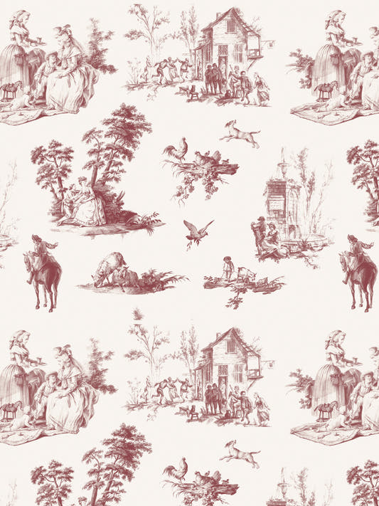 Papel mural Highland Park Rojo, detalle del diseño: toile de escenas de granja en rojo frambuesa.