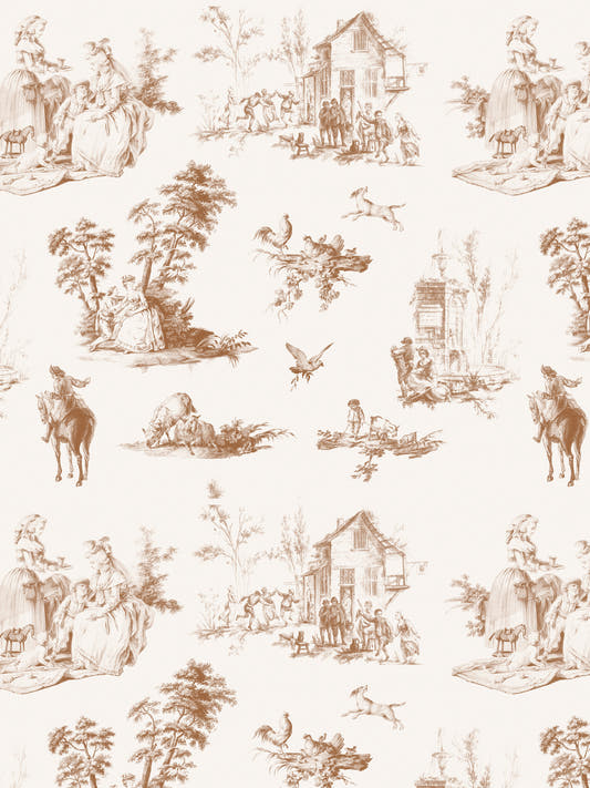 Papel mural Highland Park Sepia, detalle del diseño: toile de escenas de granja en sepia.