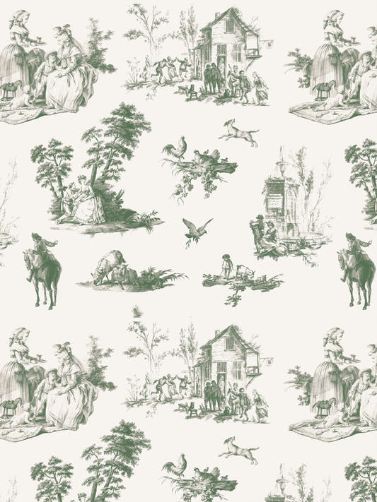 Papel mural Highland Park Verde, detalle del diseño: toile de escenas de granja en verde salvia.
