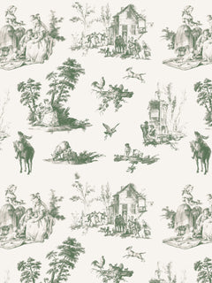 Papel mural Highland Park Verde, detalle del diseño: toile de escenas de granja en verde salvia.