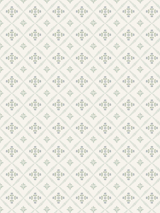 Papel mural Valentina, detalle del diseño: flores de cuatro pétalos dentro de rombos.