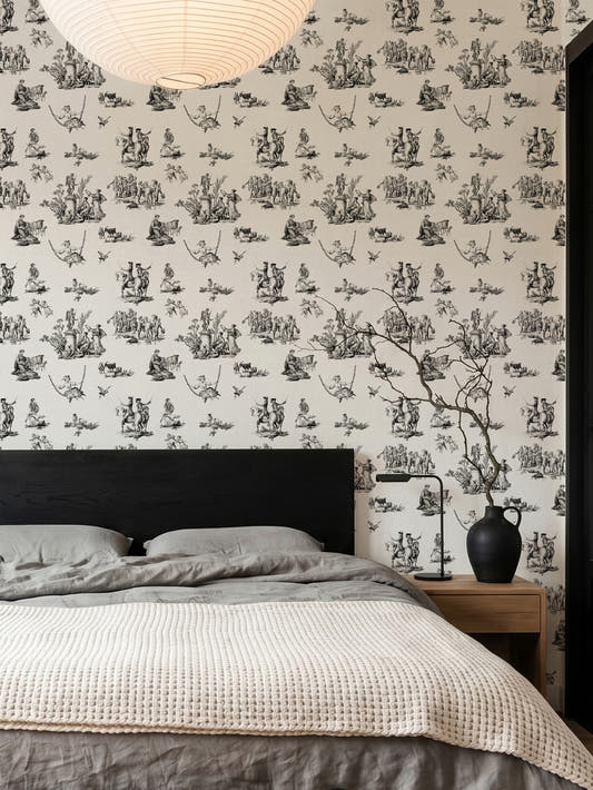 Papel mural Victorian Black, dramático diseño de toile de Jouy en negro sobre crema con escenas campestres.