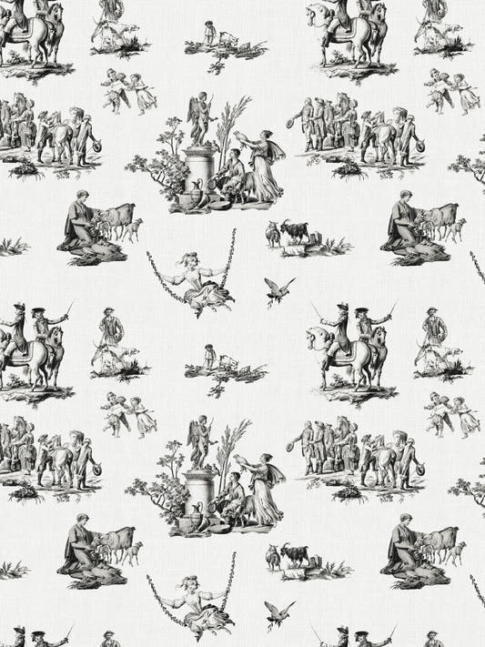 Papel mural Victorian Black, detalle del diseño: toile de Jouy en negro sobre crema con escenas campestres.