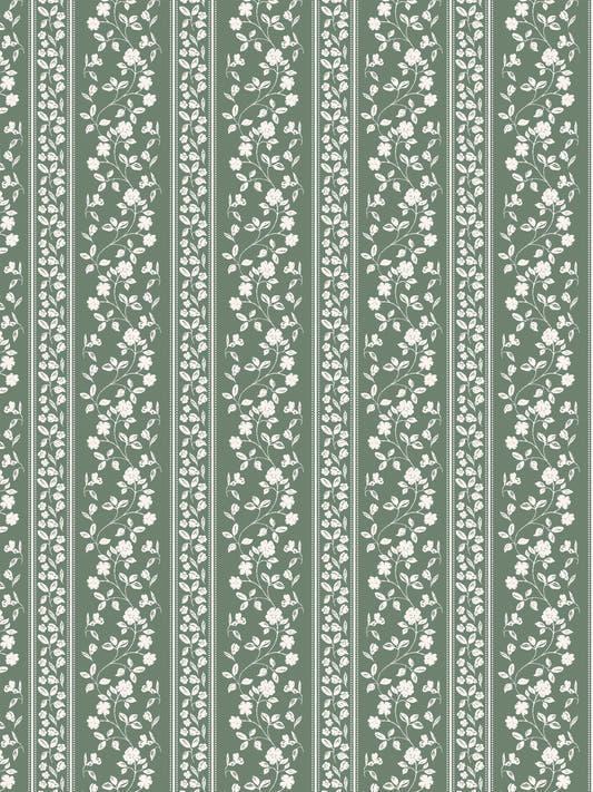 Papel mural Victoria, detalle del diseño: franjas de ramas floridas blancas sobre verde salvia.