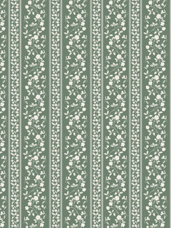 Papel mural Victoria, detalle del diseño: franjas de ramas floridas blancas sobre verde salvia.