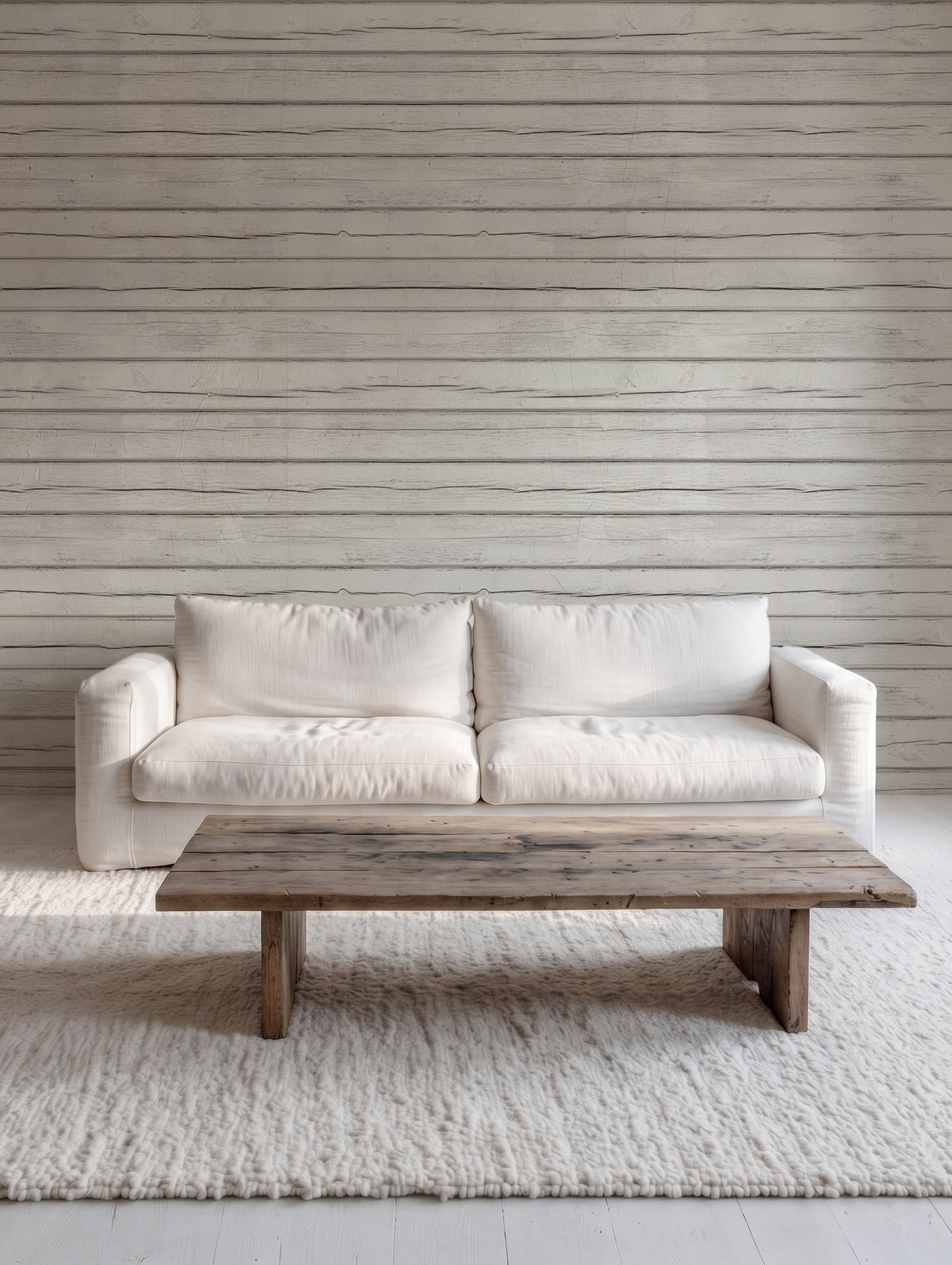 Papel mural White Wood Horizontal, costero diseño de tablones horizontales de madera blanca con juntas marcadas.