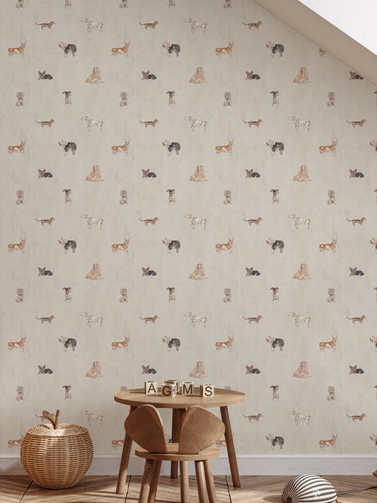 Papel mural Woaf, alegre diseño de perros de distintas razas en marrón, negro y gris sobre blanco. Ideal para baños y cocinas.