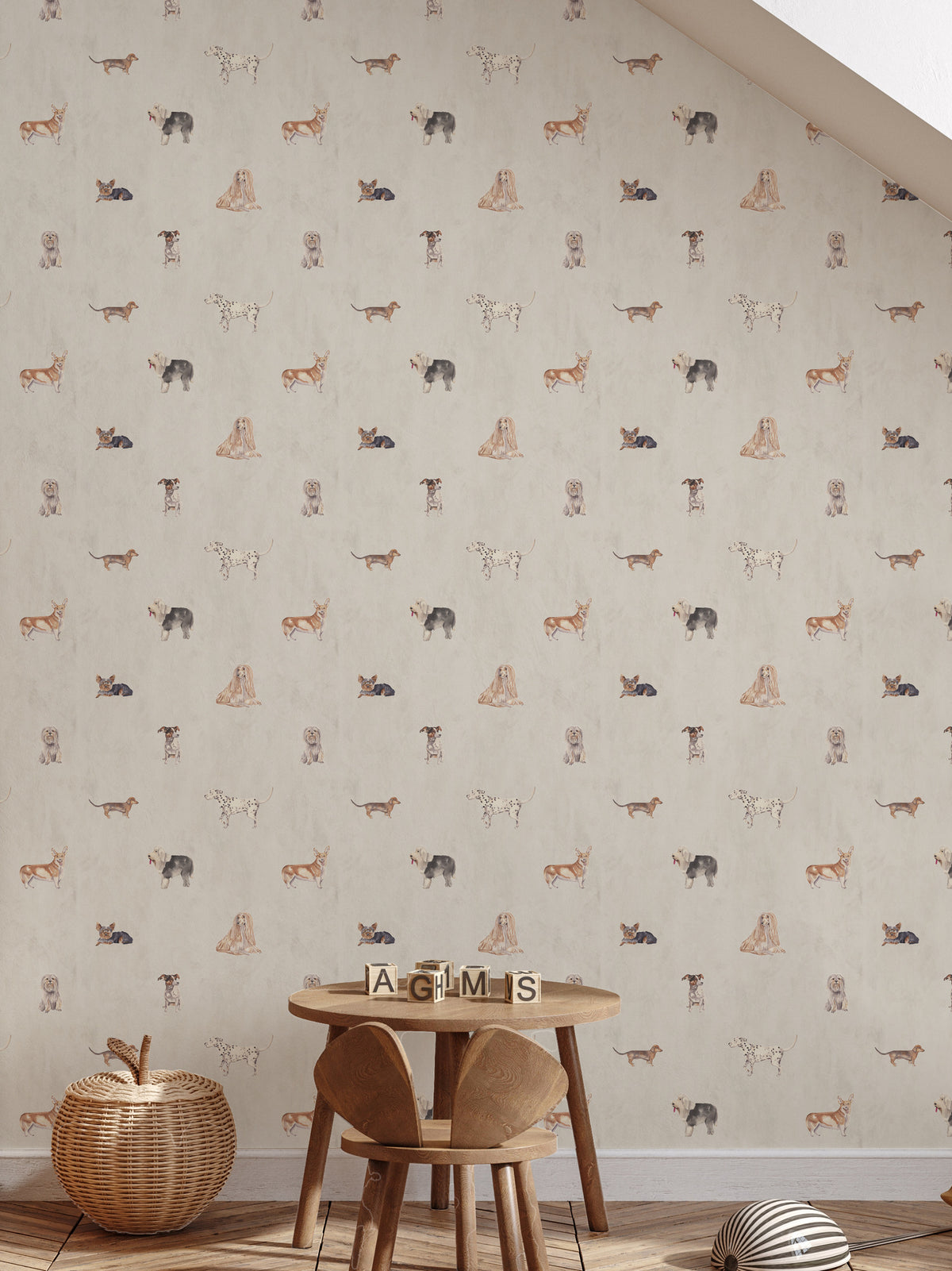 Papel mural Woaf, alegre diseño de perros de distintas razas en marrón, negro y gris sobre blanco. Ideal para baños y cocinas.