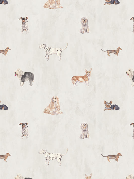 Papel mural Woaf, detalle del diseño: perros de distintas razas en marrón, negro y gris sobre blanco.