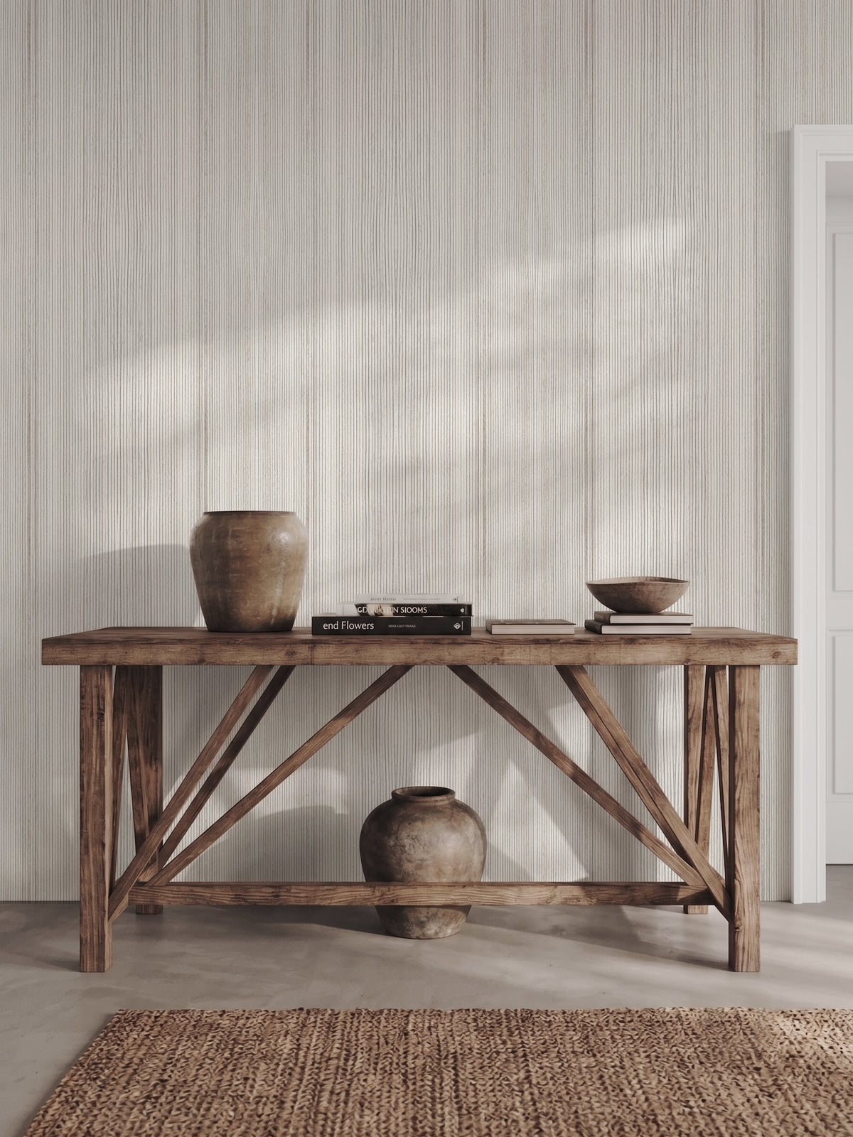Papel mural Wooden Light, claro diseño de tablones verticales de madera clara con vetas finas.