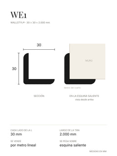 Plano del perfil de esquina WE1: sección en L, vista en la esquina desde arriba y medidas