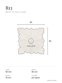 Plano del rosetón R13: contorno cuadrado de 95 mm, el centro y tabla de medidas