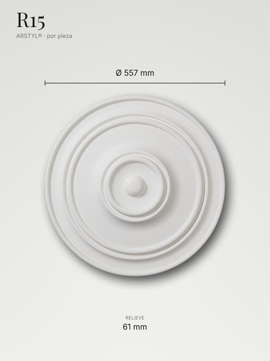 Rosetón R15 con sus medidas: 557 mm de diámetro y 61 mm de relieve