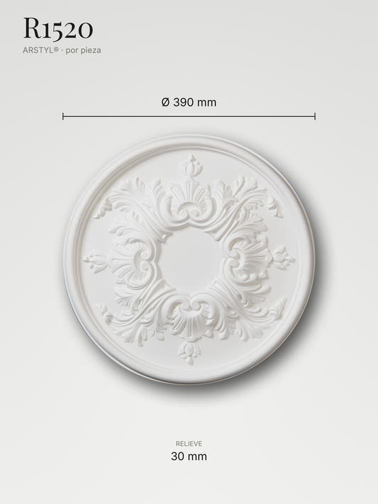 Rosetón R1520 con sus medidas: 390 mm de diámetro y 30 mm de relieve