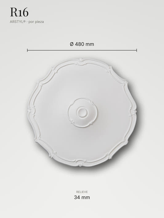 Rosetón R16 con sus medidas: 480 mm de diámetro y 34 mm de relieve