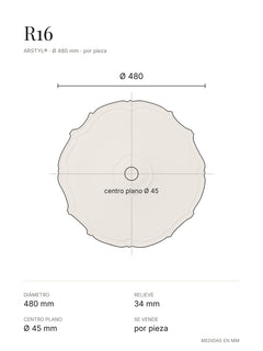 Plano del rosetón R16: contorno con su diámetro, el centro plano de 45 mm y tabla de medidas